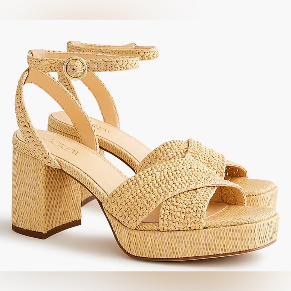 J. Crew Woven Platform Heels Block Heel Sandal Ankle Strap Raffia Size 8 - Picture 1 of 2